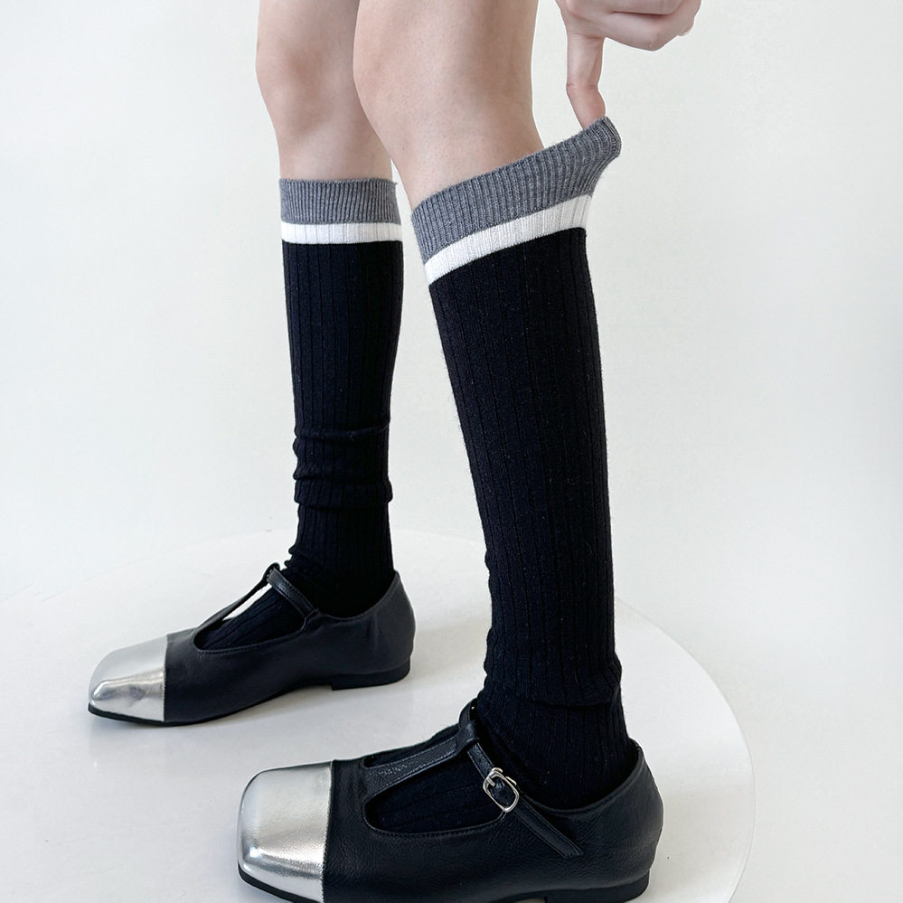 袜子女春秋条纹小腿袜潮半截及膝袜学院风撞色日系筒灰色过膝袜
