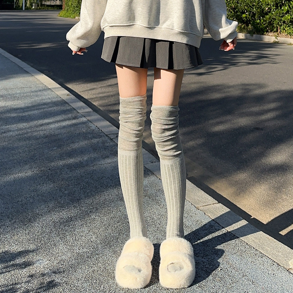 拼接过膝袜女早秋长腿袜子纯色韩系堆堆大腿袜白色过膝盖长袜子女