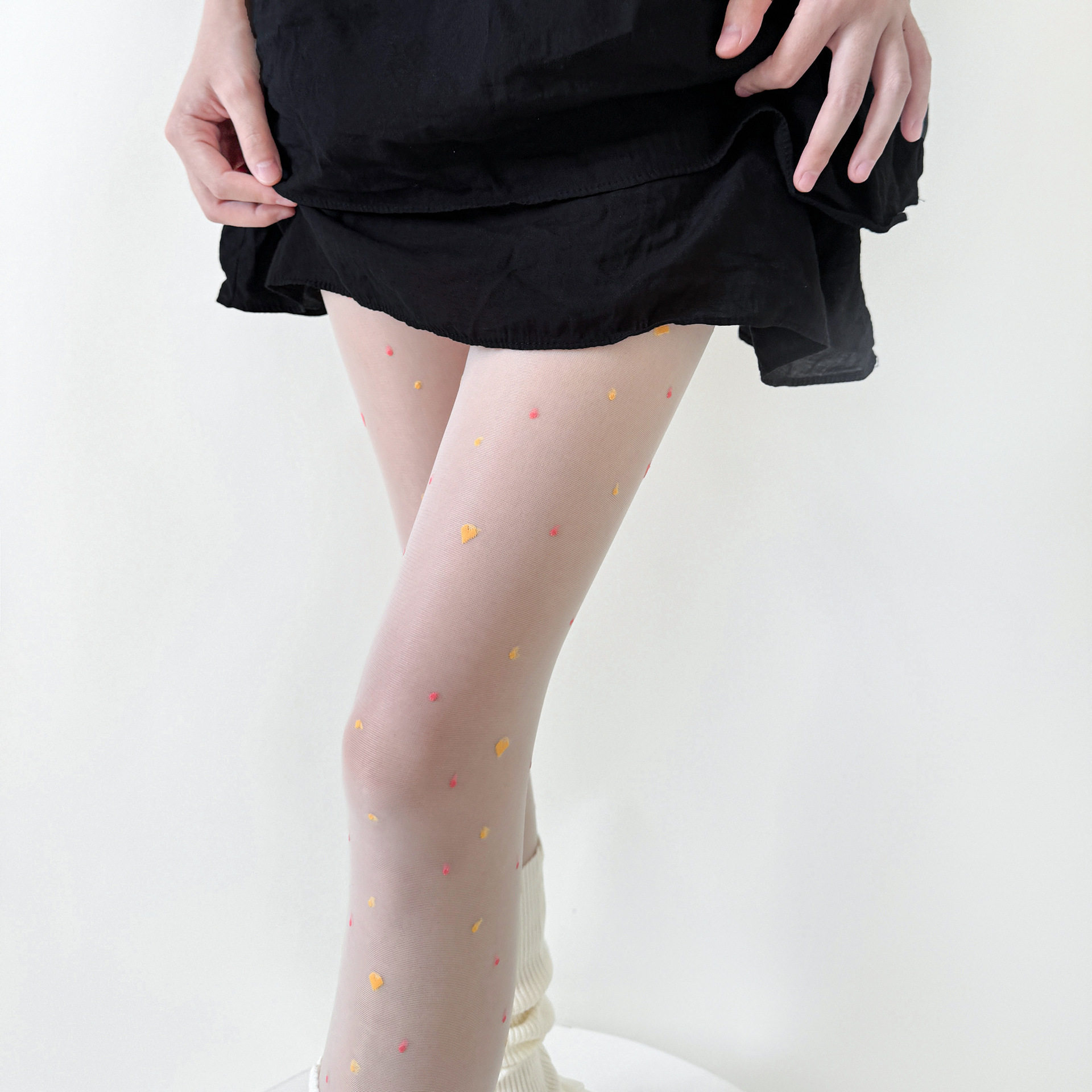 日系彩色爱心薄款丝袜法式提花打底袜奶白色可爱连裤袜黑色纯欲女