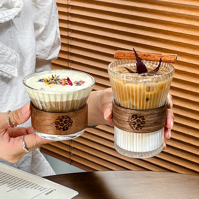 中式竖条纹玻璃杯防烫隔热家用客厅待客茶杯套装咖啡果汁喝水杯子