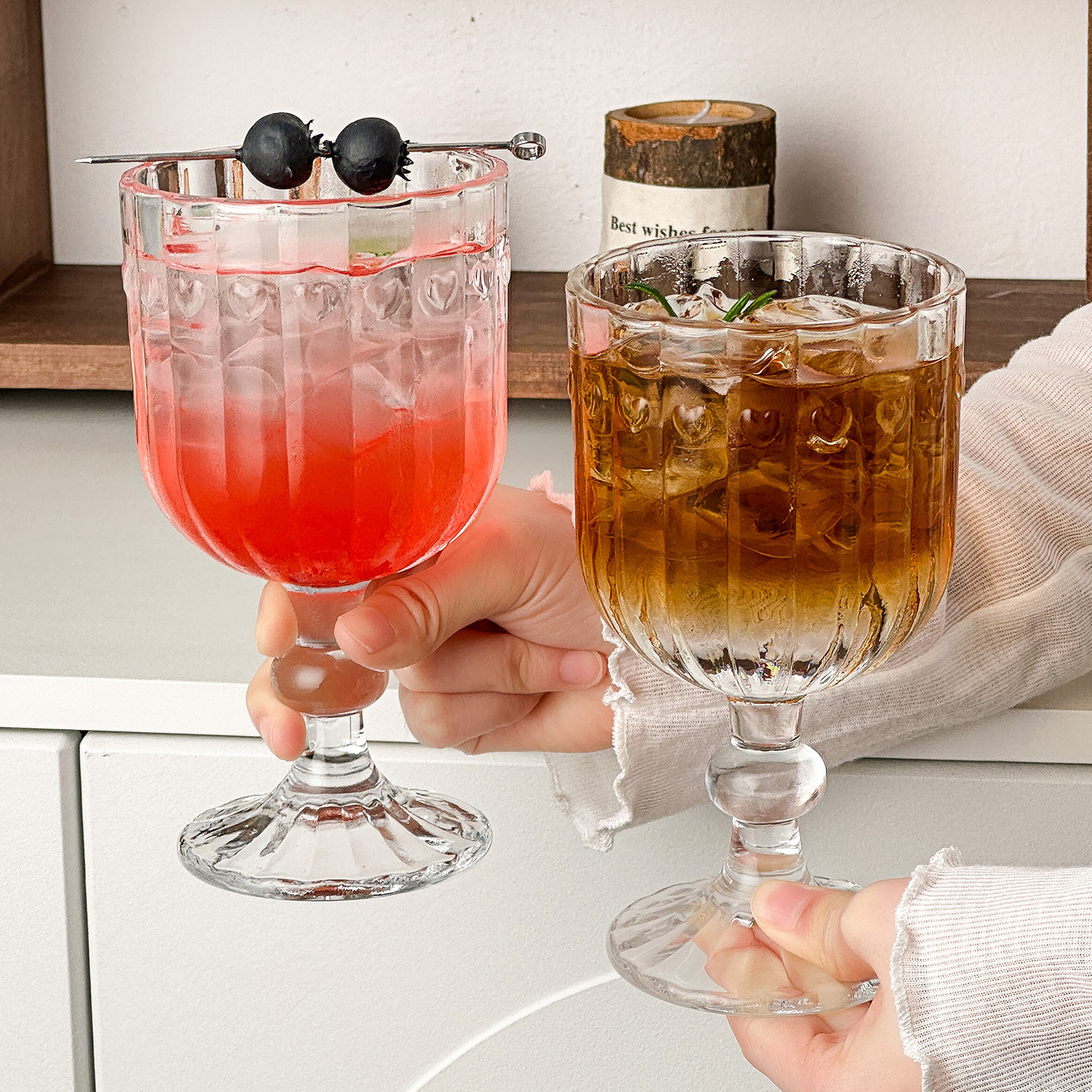 臻皿ins透明条纹爱心高脚玻璃杯
