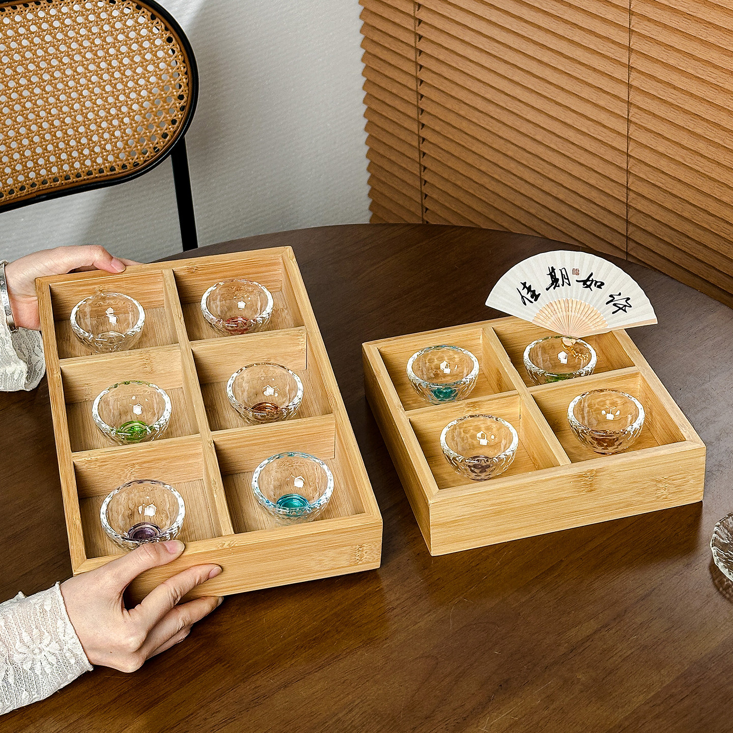 日式清酒茶杯套装彩色杯底迷你锤纹玻璃杯办公室客厅品茗杯