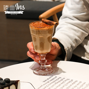 咖啡杯 ins網紅餐廳復古浮雕刻花玻璃高顏值高腳香檳杯果汁杯美式