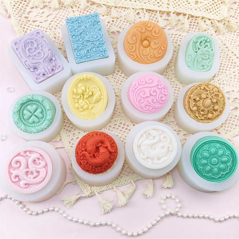 创意圆形龙凤祥云手工皂硅胶模具月饼甜品蛋糕装饰模滴胶树脂工具