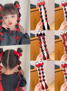 新年红色甜酷儿童假发辫子头饰女童泡泡辫发圈小女孩麻花辫子头绳