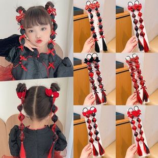 新年红色甜酷儿童假发辫子头饰女童泡泡辫发圈小女孩麻花辫子头绳