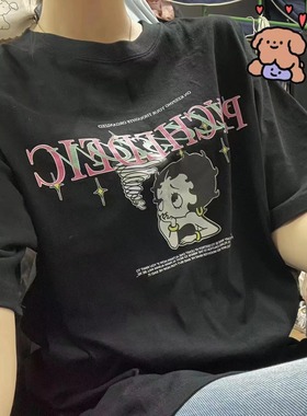 顽客星球重磅纯棉贝蒂Betty Boop黑色宽松短袖t恤