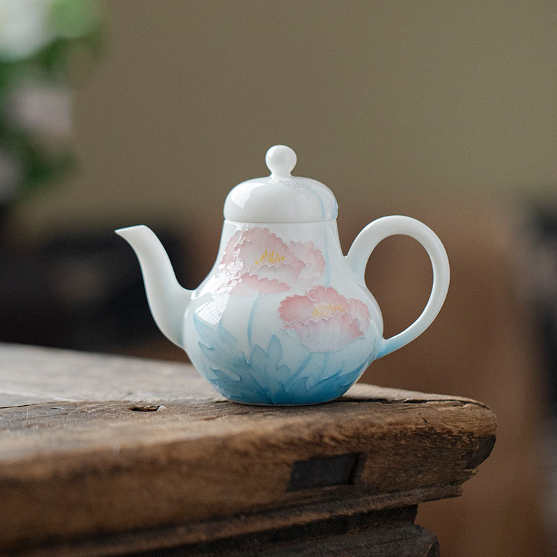白瓷手绘莲花渐变过滤功夫茶壶