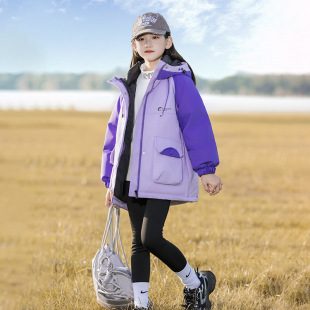 女童公主中长款宽松羽绒服加厚白粉紫色外套大童连帽棉袄衣棉服冬