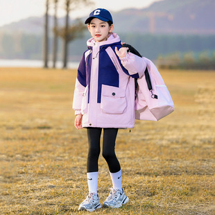 女童男童中长款宽松羽绒服加厚粉紫白色外套大童连帽棉袄衣棉服冬