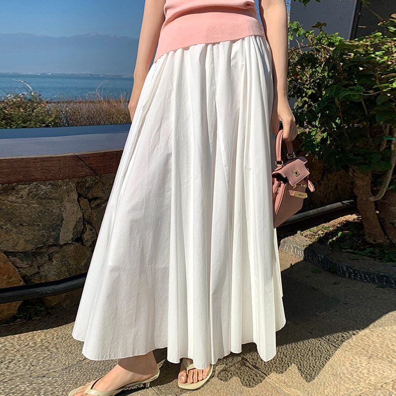 熙2025夏季新款气质显瘦百褶高腰半身裙法式大摆长裙女85182米凯