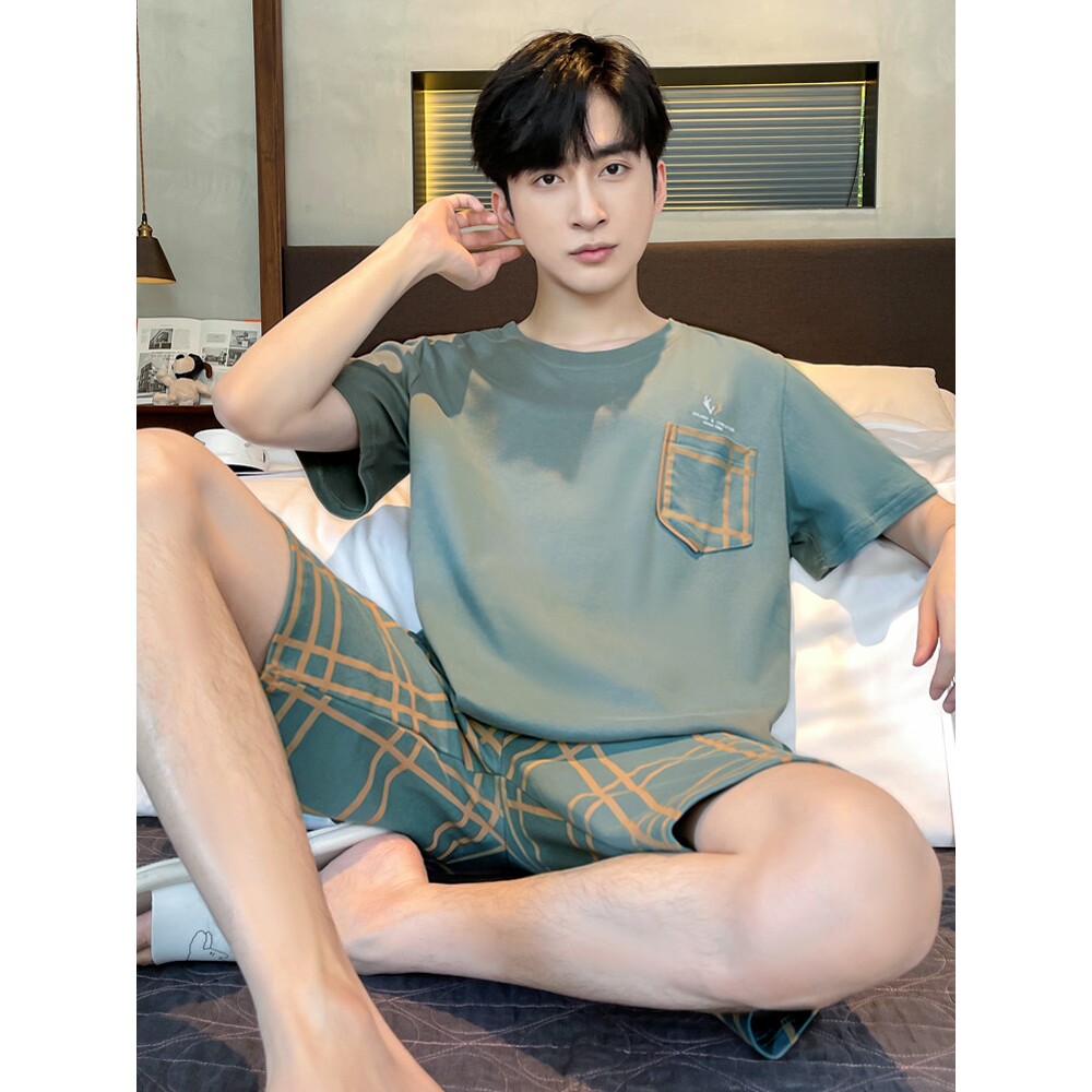 全棉纯棉男士睡衣夏款网红风短袖纯棉薄款青少年春秋季短裤男生家