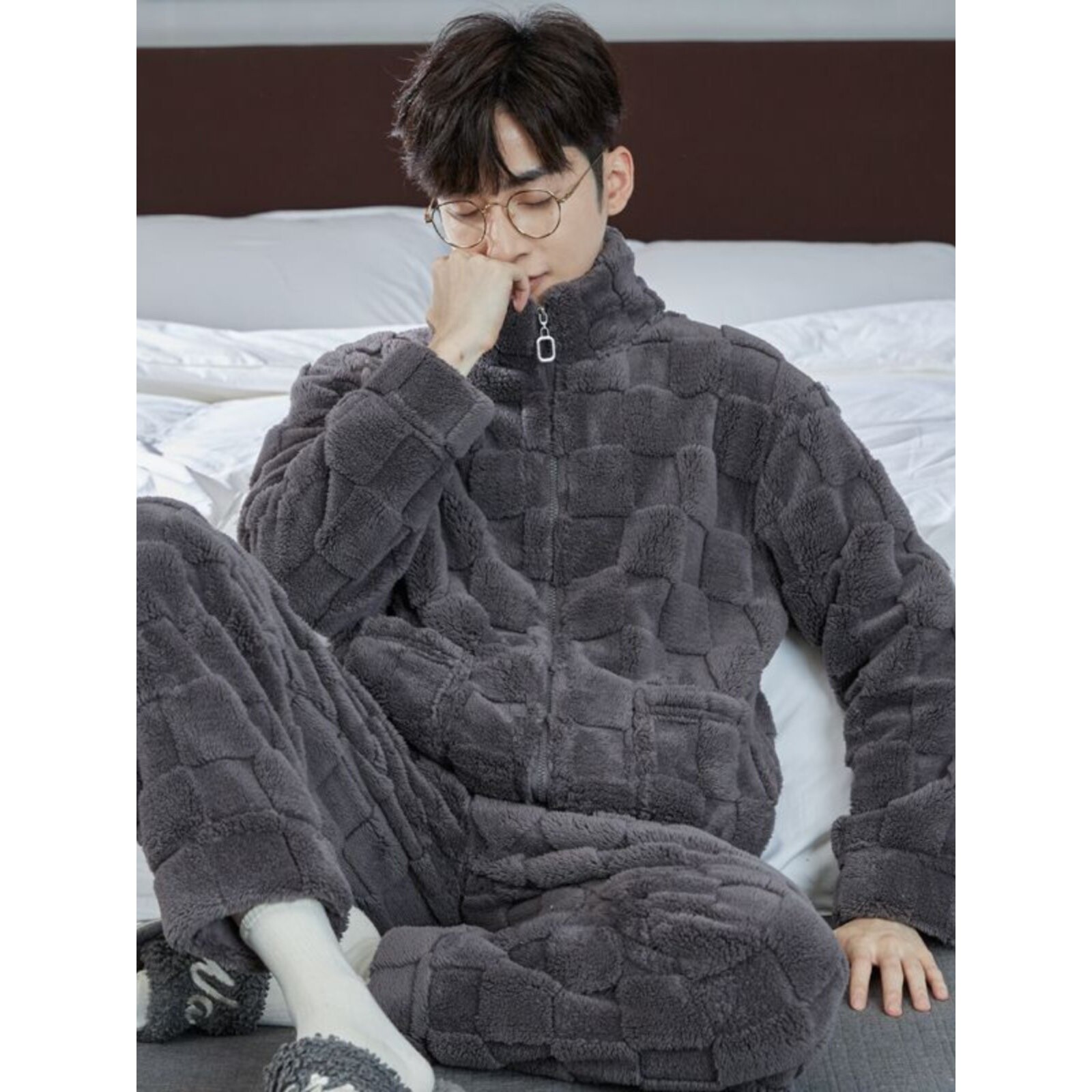 全棉纯棉秋冬季男士珊瑚绒可外穿睡衣/家居服套装