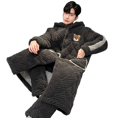 新款三层夹棉睡衣套装男士