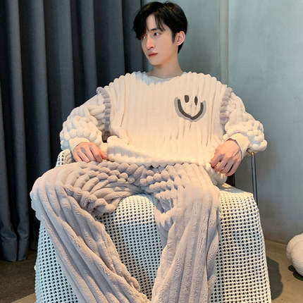 睡衣男士冬季加绒加厚珊瑚绒秋冬天可外穿法兰绒青少年家居服套装