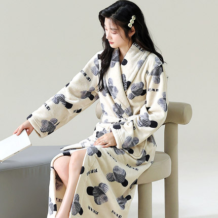 加厚加绒珊瑚绒睡衣女款秋冬季法兰绒甜美可爱女士长款睡袍家居服