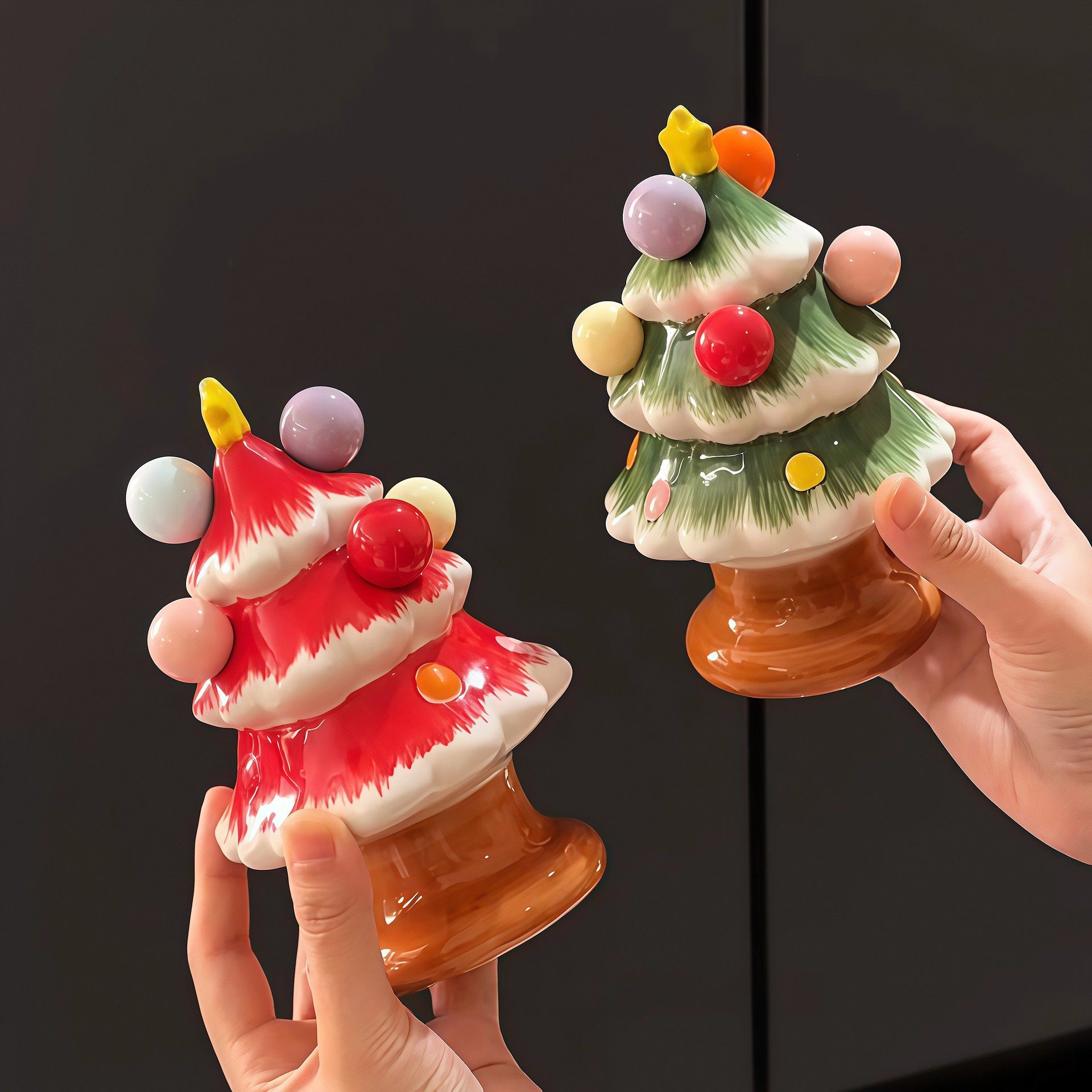 圣诞树水果叉收纳罐陶瓷不锈钢叉子套装家用客厅圣诞节桌面小摆件