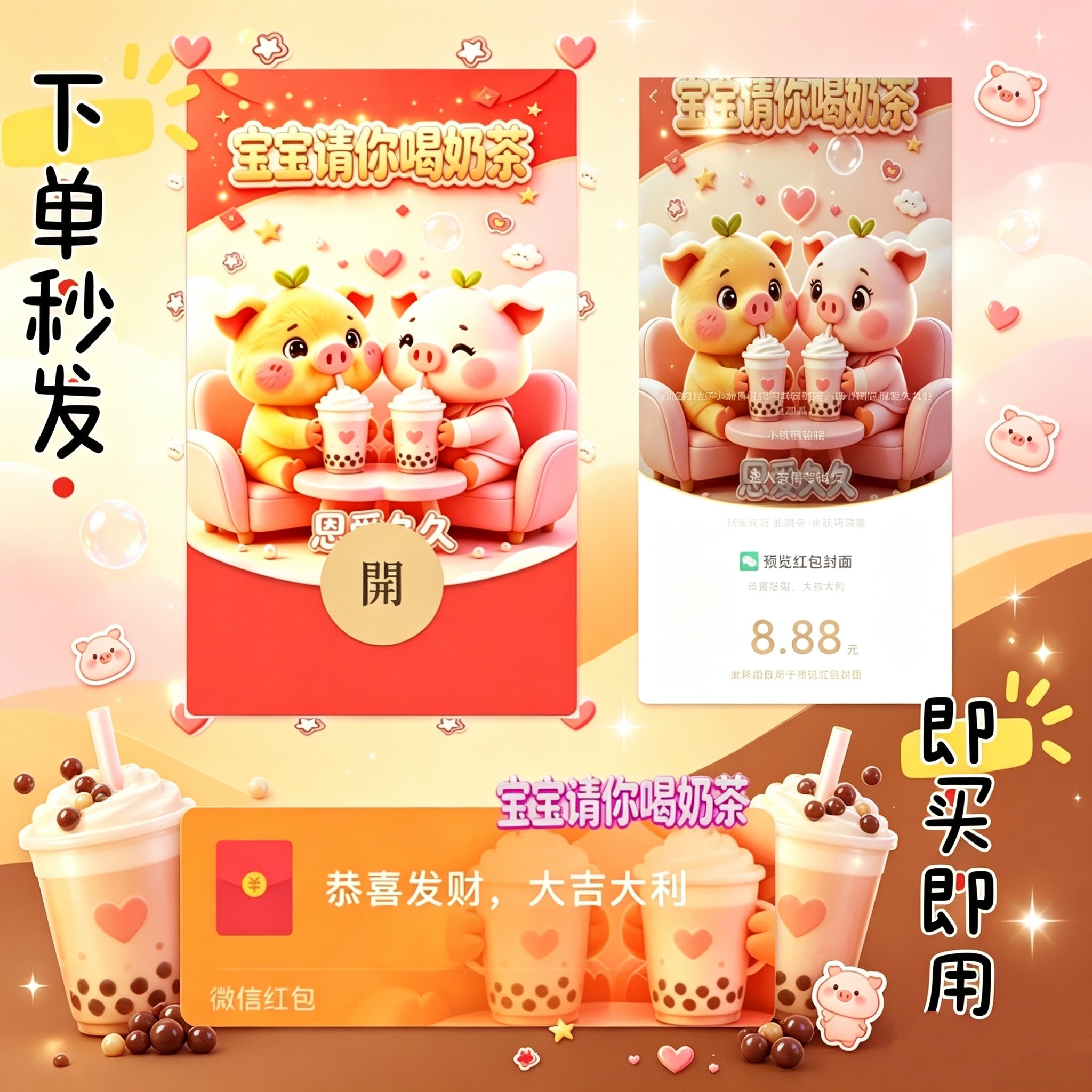 卡通萌猪情侣红包封面 趣味喝奶茶动态皮肤 兑换序列号2026无品牌图片