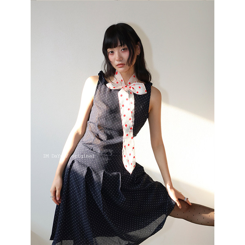 DaYu 韩国珠光细闪长条丝巾女ins欧根纱飘带复古波点装饰领巾挂脖