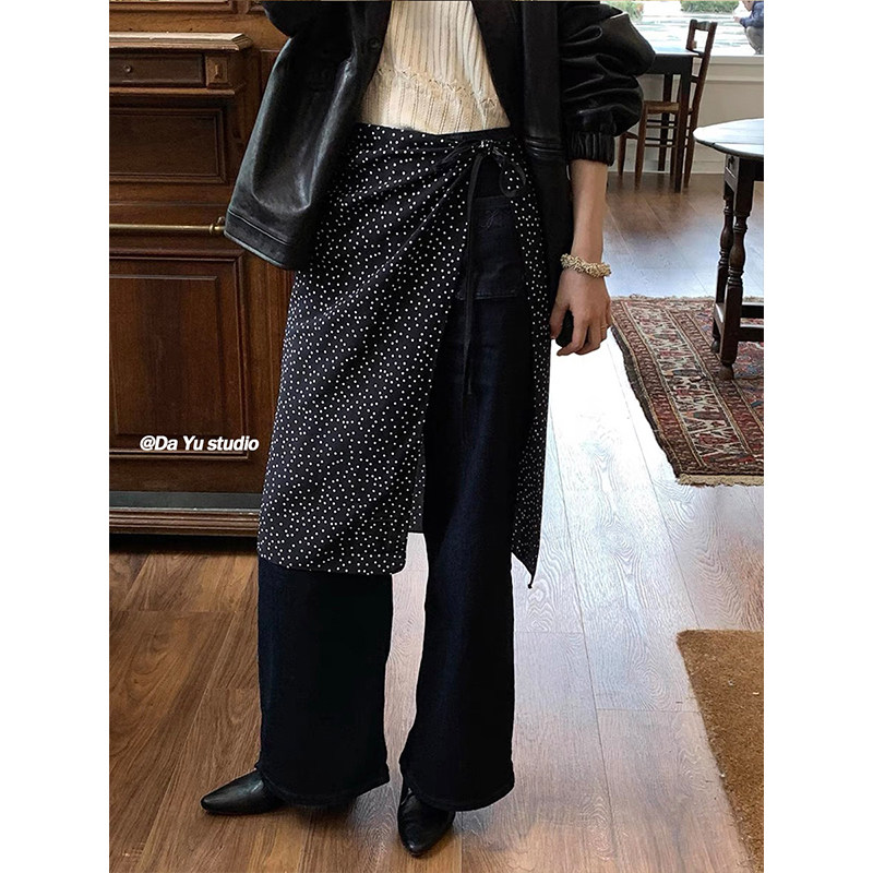 dayu自制法式波点叠穿半身裙女一片式提花系绳屁帘韩国ins百搭裙