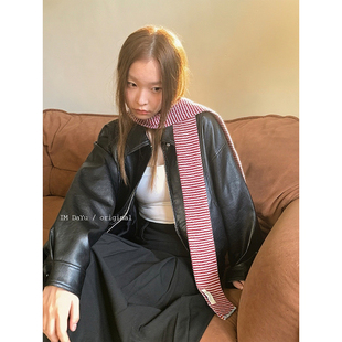 日系复古红色条纹细长飘带围巾女ins时髦辣妹装饰围脖y2k古早领巾