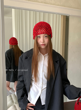 DaYu 韩国ins风亮片镂空包头帽女个性时髦冷帽复古手工渔网堆堆帽