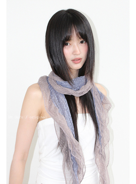 DaYu 古早感灰蓝波点蕾丝丝巾ins长条花边细窄长条丝巾装饰飘带潮