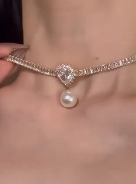 法式轻奢闪锆珍珠项链女
