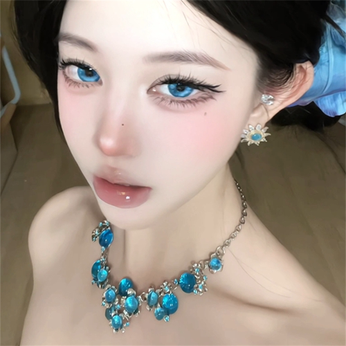 2026新款轻奢蓝色水晶花朵项链
