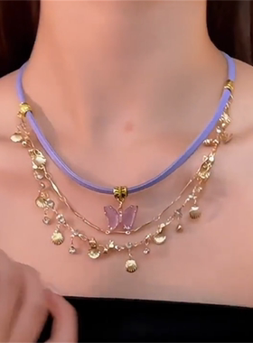 紫色蝴蝶贝壳流苏项链女