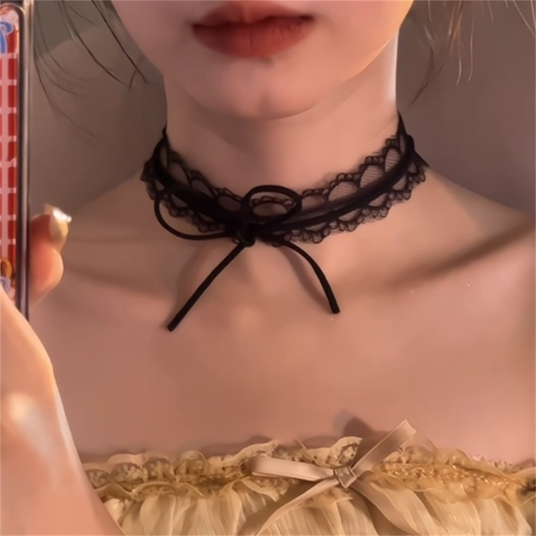 锁骨链黑色蝴蝶结蕾丝项圈choker