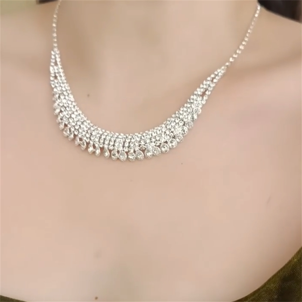 超闪银色排钻项链耳环女