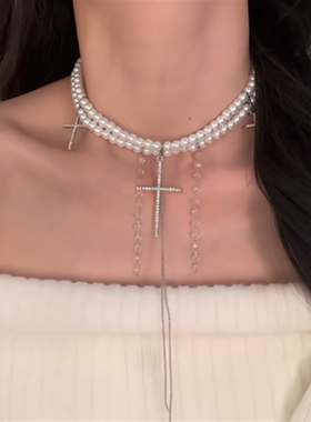 十字架流苏珍珠项链女