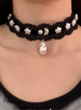 黑色蕾丝辣妹项链月亮星星锁骨链