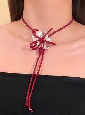 复古鸢尾花红色串珠项链女