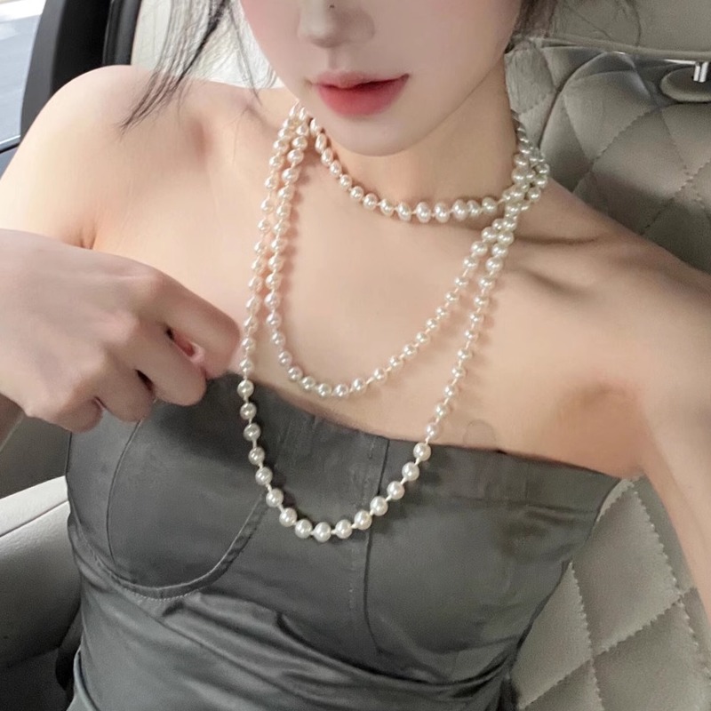 珍珠长款叠戴项链法式优雅气质
