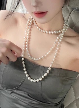 珍珠长款叠戴项链法式优雅气质