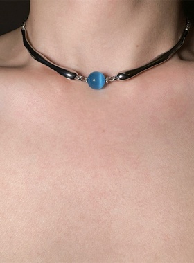 蓝色圆珠choker项链女