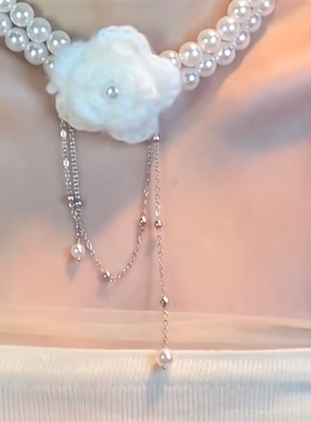 双层珍珠花朵项链女锁骨链