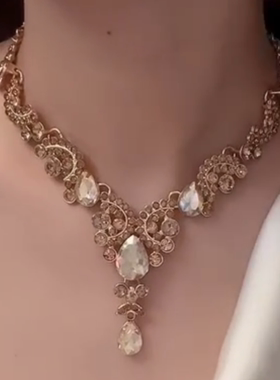 香槟色水滴流苏闪钻项链女欧美