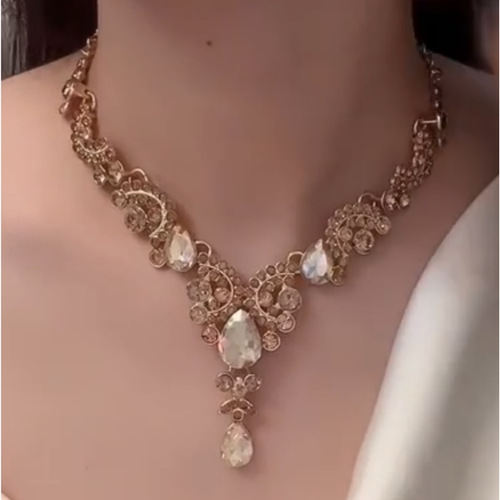 香槟色水滴流苏闪钻项链女欧美