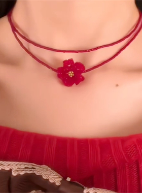红色山茶花项链锁骨链女款