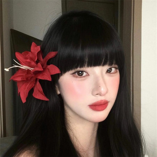 zoozmomo红色百合花发夹女复古侧边夹仿真花朵头饰度假风假花发饰