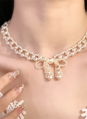 蝴蝶结珍珠choker项链女