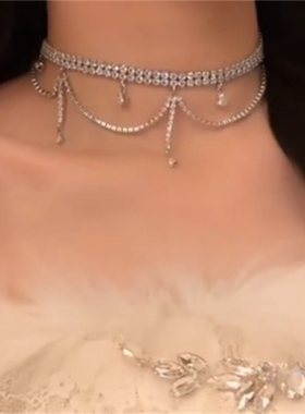 超闪银色满钻流苏项链女