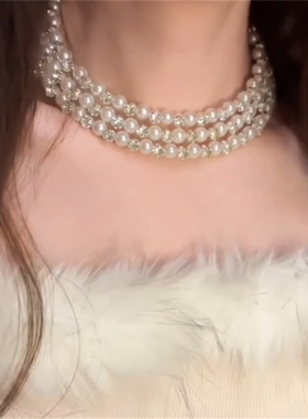 三层珍珠水钻锆石项圈女名媛风