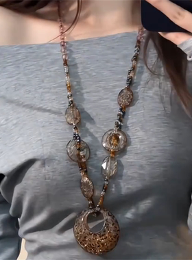 辣妹亮晶晶豹纹长款串珠项链