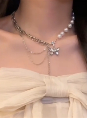 超闪珍珠蝴蝶拼接项链女