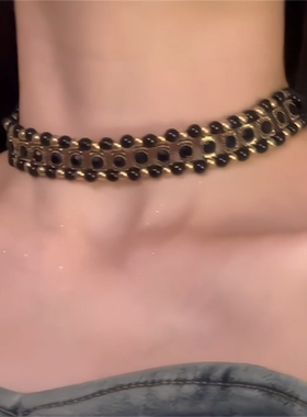 锁骨链黑金色串珠锆石颈链高级感