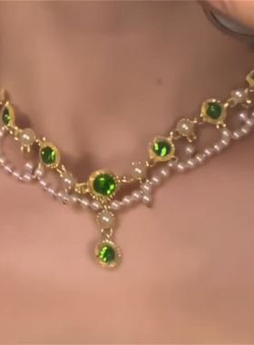 绿色水滴锆石珍珠项链女